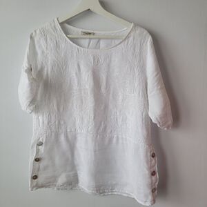 lungo l'arno women's 100% linen embedary top size s roll-tab sleeve clean girl